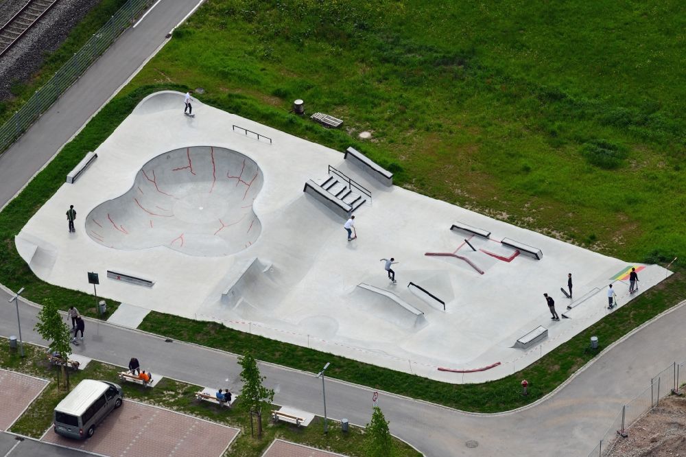 Aerial image Schopfheim - Modern skateboard grounds with noumerous obstacles in the district Guendenhausen in Schopfheim in the state Baden-Wurttemberg, Germany