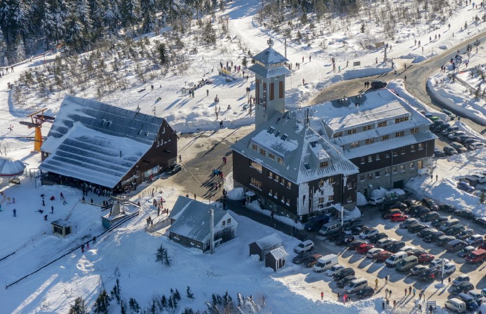Aerial image Oberwiesenthal - Ski lifts and towers on the hilltop of Fichtelbergbahn at Oberwiesenthal in Saxony