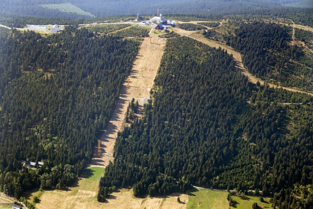 Oberwiesenthal from above - Ski lifts and towers on the hilltop of Fichtelbergbahn at Oberwiesenthal in Saxony