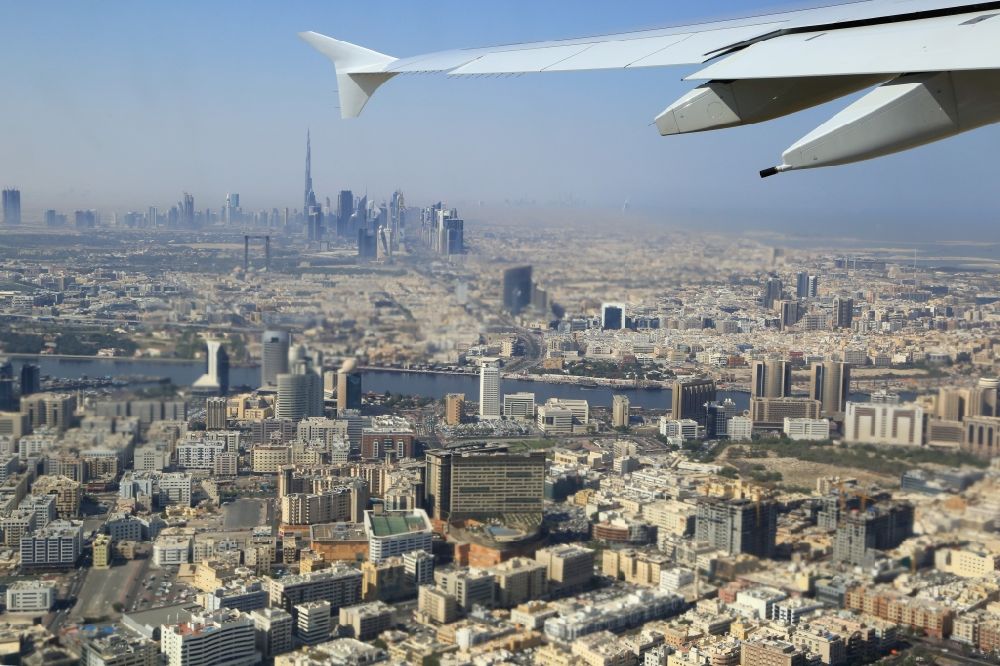 Dubai from above - Take off of an Airbus A 380 an spectacular view to the skyline in Dubai, United Arab Emirates