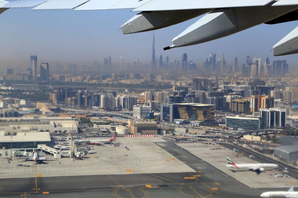 Aerial photograph Dubai - Take off of an Airbus A 380 an spectacular view to the skyline in Dubai, United Arab Emirates