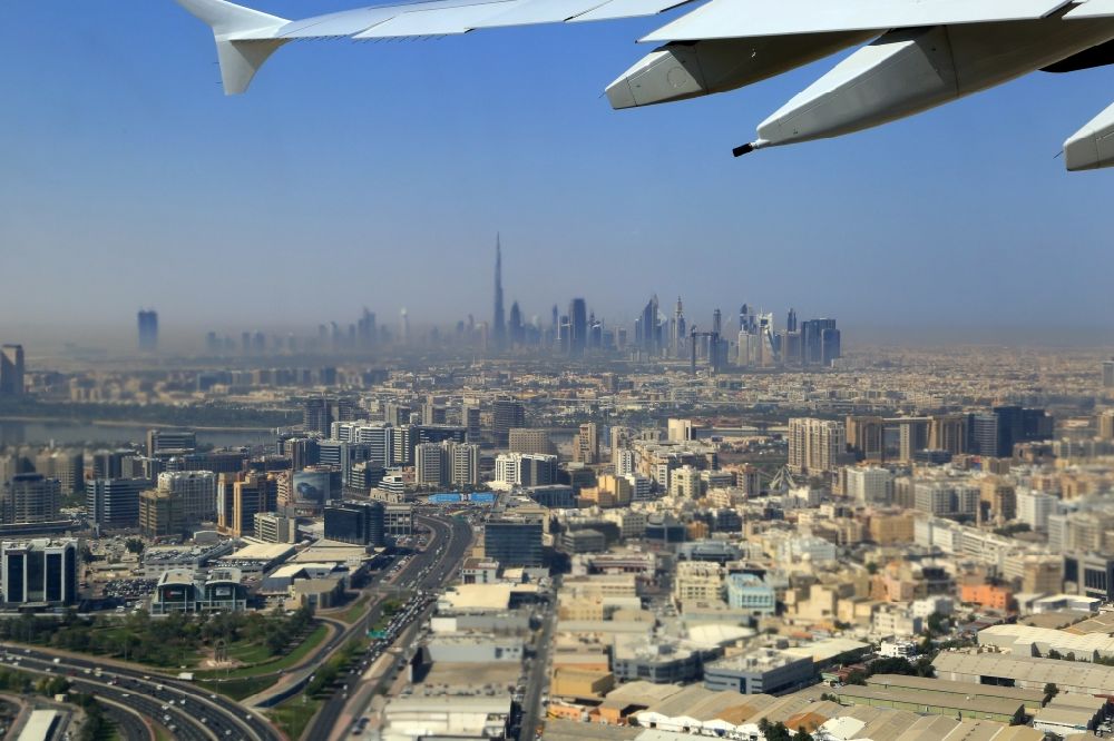 Dubai from above - Take off of an Airbus A 380 an spectacular view to the skyline in Dubai, United Arab Emirates