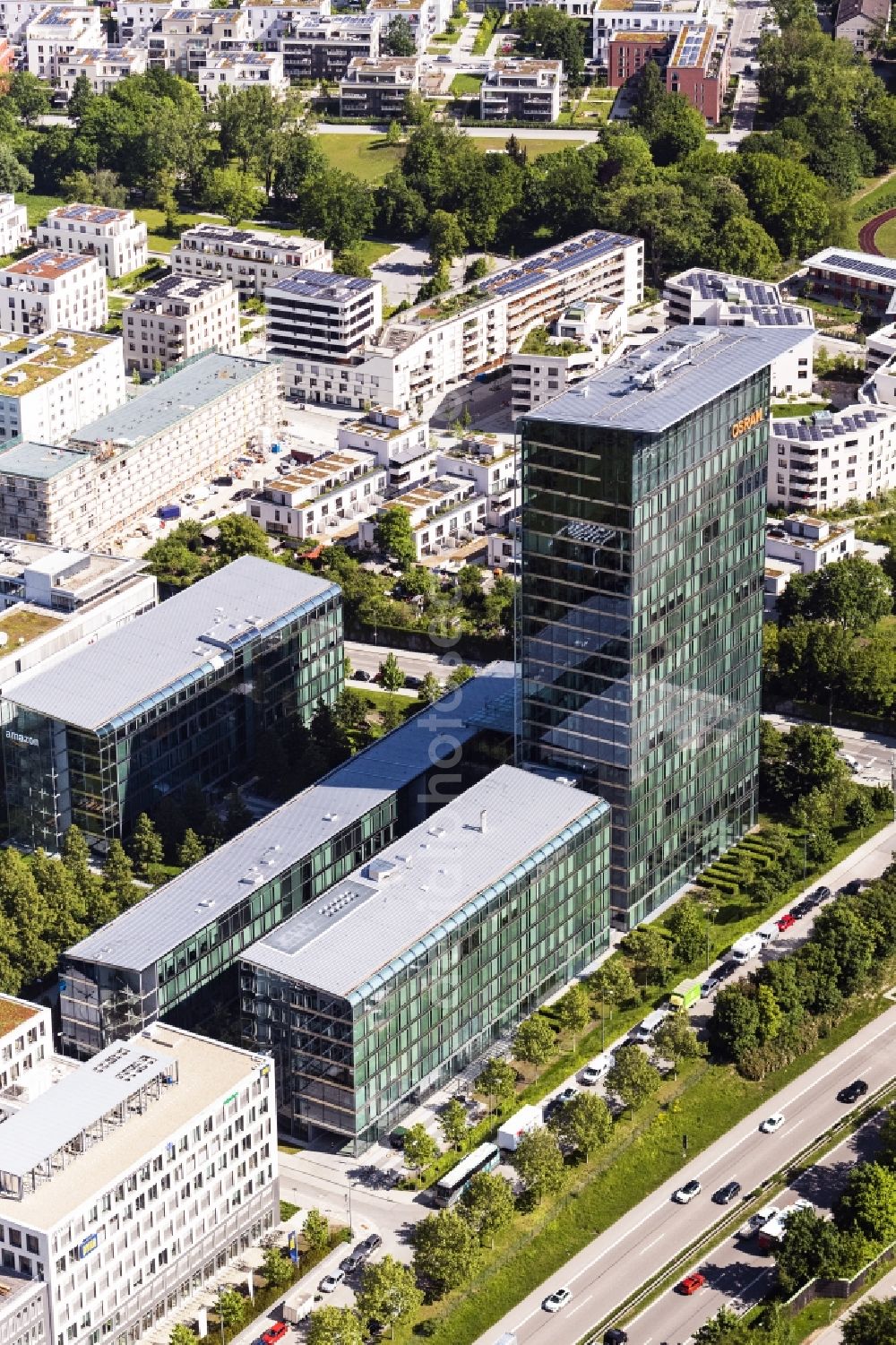 Aerial image München - Administration building of the company of OSRAM GmbH on Marcel-Breuer-Strasse in the district Schwabing-Freimann in Munich in the state Bavaria, Germany
