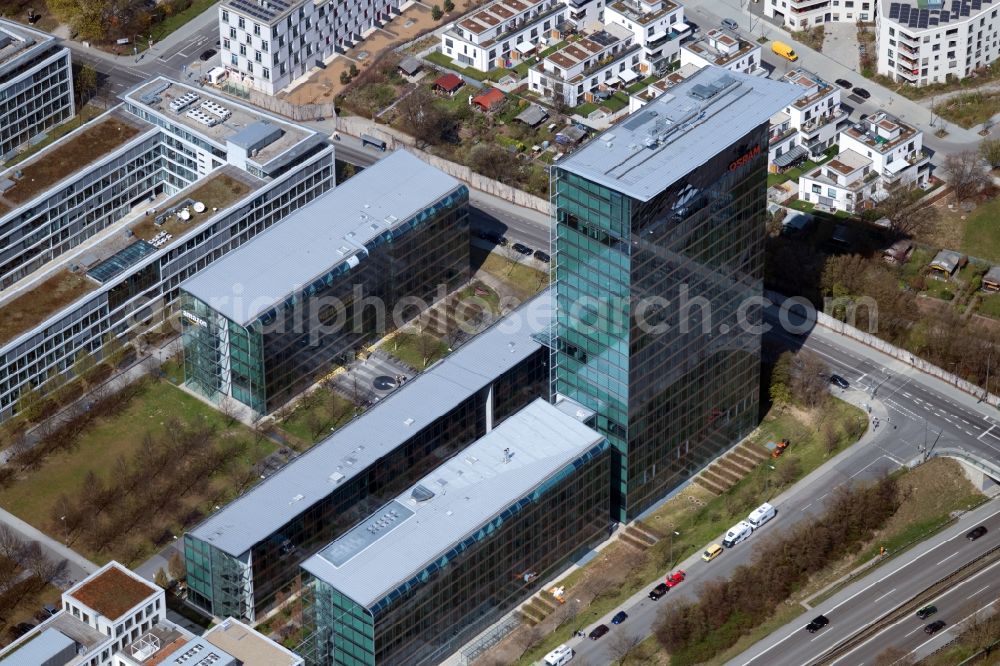 München from above - Administration building of the company of OSRAM GmbH on Marcel-Breuer-Strasse in the district Schwabing-Freimann in Munich in the state Bavaria, Germany