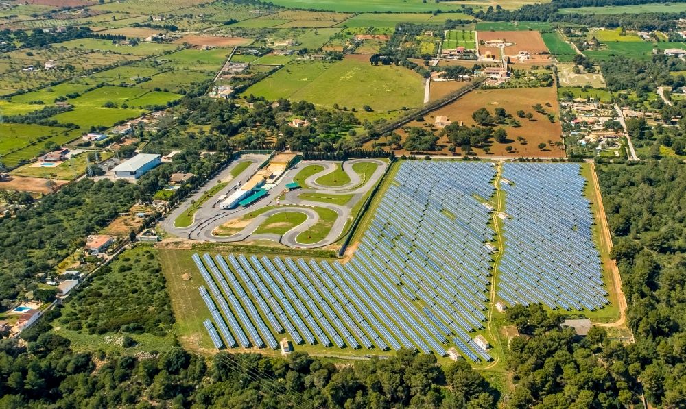 Can Picafort from above - Solar power plant and photovoltaic systems and Go-Kart- Bahn in Can Picafort in Balearic island of Mallorca, Spain
