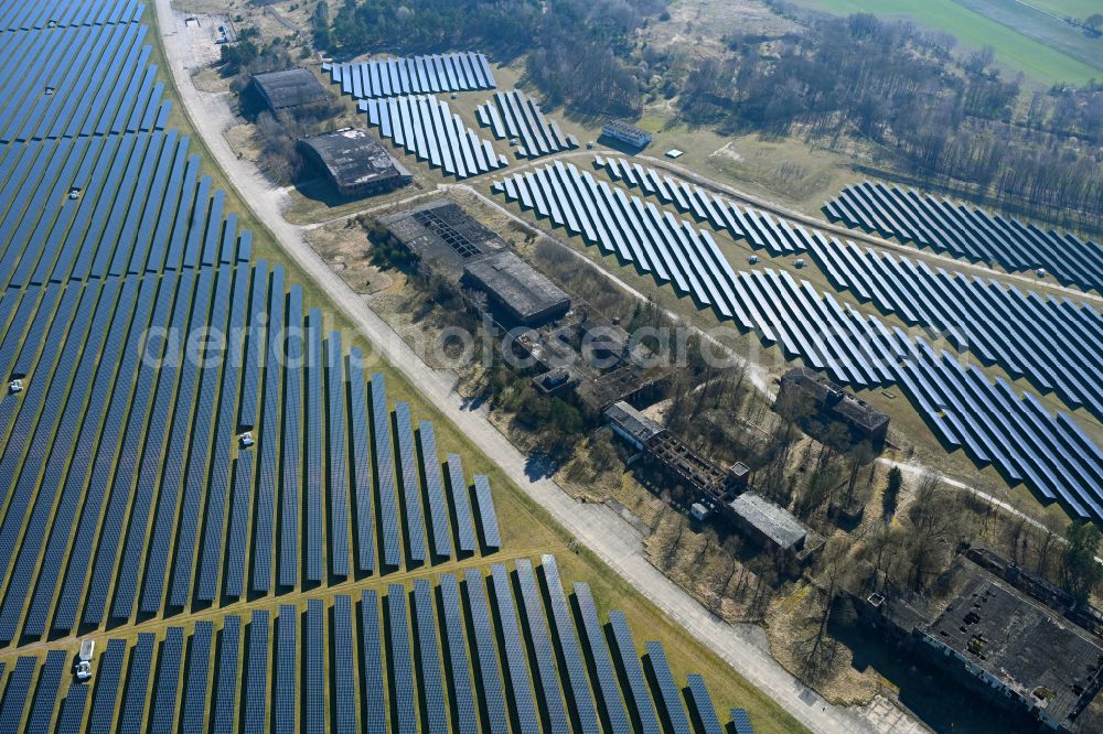 Alt Daber from above - Solar power plant and photovoltaic systems on formerly the airfield in Alt Daber in the state Brandenburg, Germany