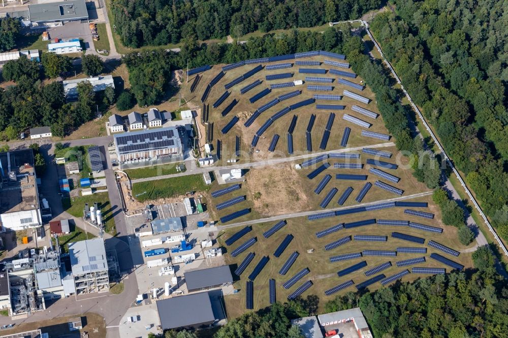 Aerial photograph Eggenstein-Leopoldshafen - Solar power plant and photovoltaic systems on Untergrombacher Strasse of KIT Campus Nord in Eggenstein-Leopoldshafen in the state Baden-Wuerttemberg, Germany