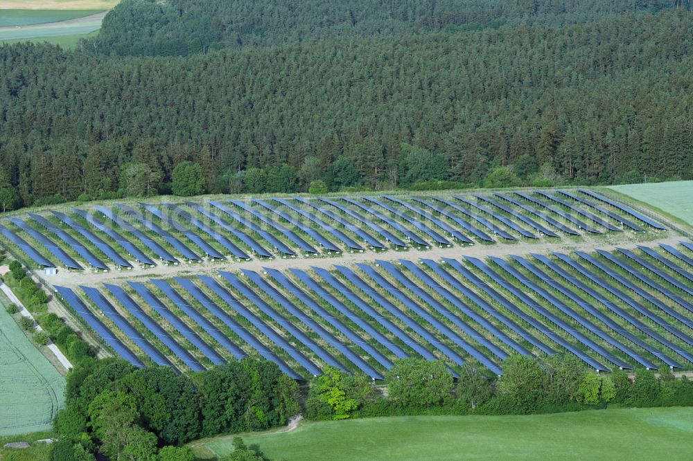 Aerial image Prebitz - Rows of panels of a solar power plant and photovoltaic system on a field in Prebitz in the state Bavaria, Germany