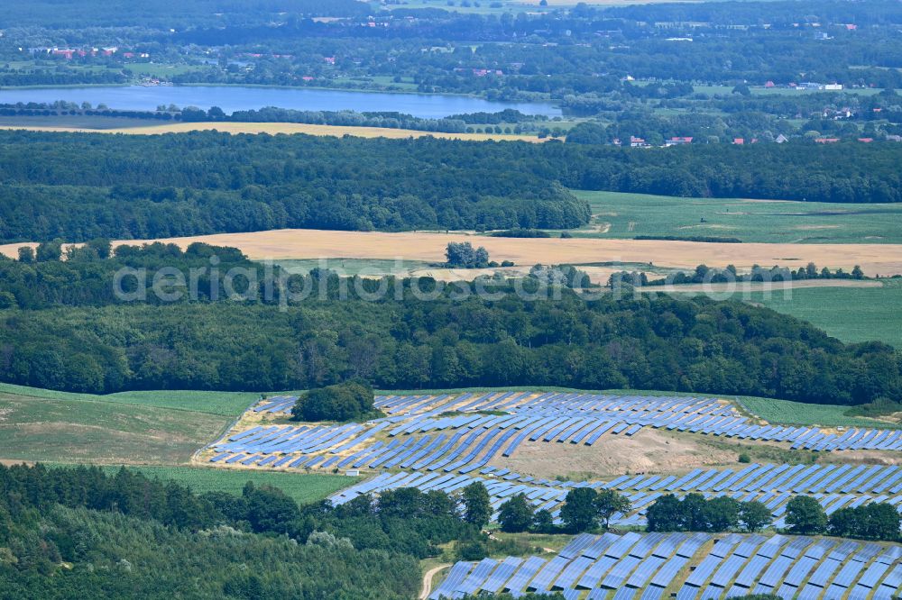 Wendorf from above - Rows of panels of a solar power plant and photovoltaic system on a field in Wendorf in the state Mecklenburg - Western Pomerania, Germany