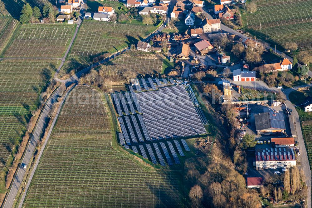 Böchingen from the bird's eye view: Rows of panels of a solar power plant and photovoltaic system on a Wine-yard in Boechingen in the state Rhineland-Palatinate, Germany