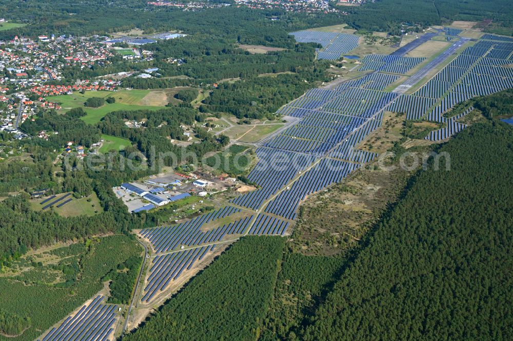 Finowfurt from above - Solar power plant and photovoltaic systems on the airfield in Finowfurt at Schorfheide in the state Brandenburg, Germany