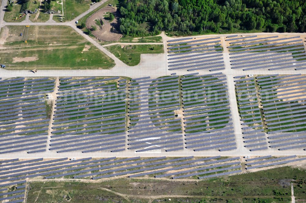 Eberswalde from above - Solar power plant and photovoltaic systems on the airfield in the district Finow in Eberswalde in the state Brandenburg, Germany