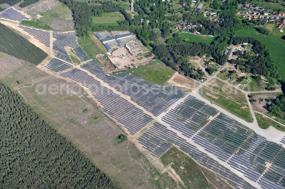 Eberswalde from the bird's eye view: Solar power plant and photovoltaic systems on the airfield in the district Finow in Eberswalde in the state Brandenburg, Germany