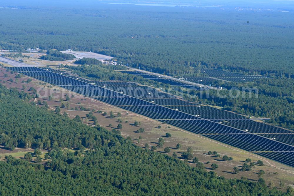 Groß Dölln from above - Solar power plant and photovoltaic systems on the former airfield in Gross Doelln in the state Brandenburg, Germany