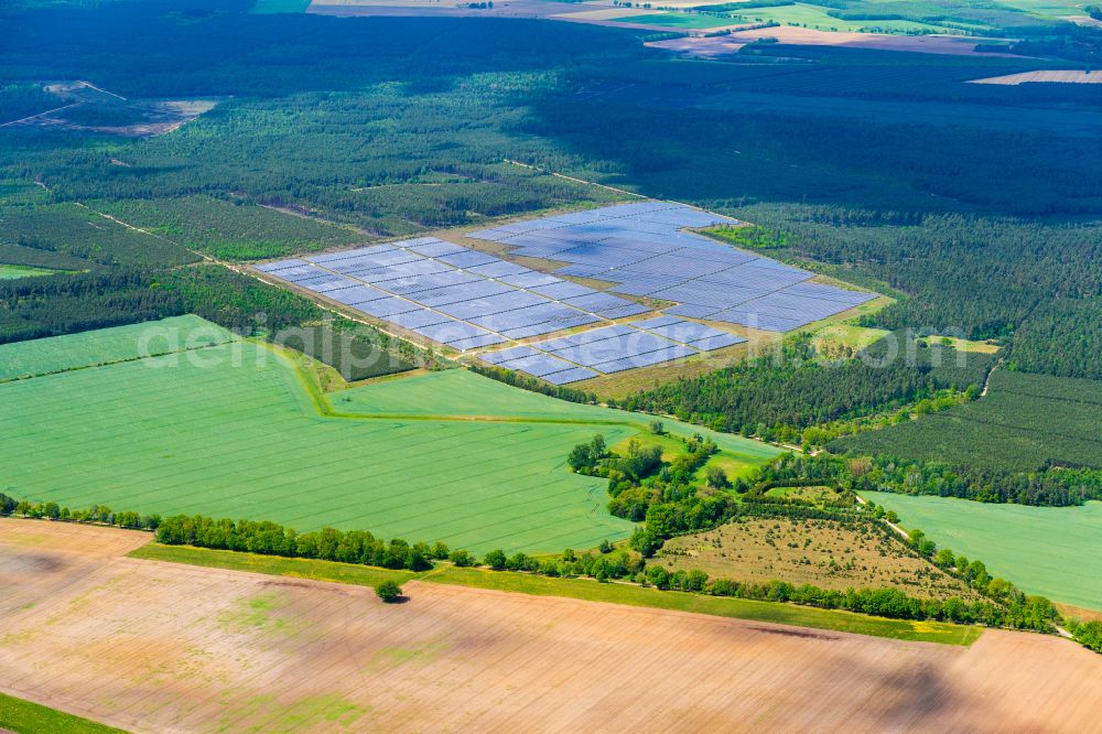 Aerial image Marienfließ - Solar power plant and photovoltaic systems in Marienfliess in the state Brandenburg, Germany