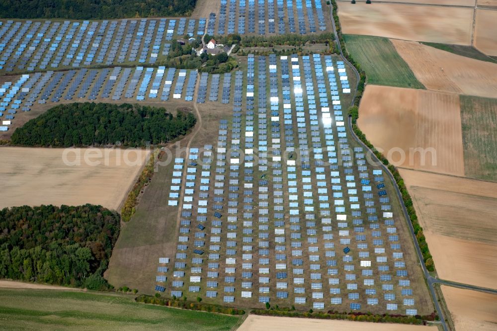 Arnstein from above - Solar power plant and photovoltaic systems in the district Erlasee in Arnstein in the state Bavaria, Germany