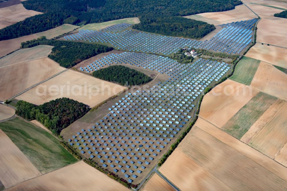 Arnstein from the bird's eye view: Solar power plant and photovoltaic systems in the district Erlasee in Arnstein in the state Bavaria, Germany