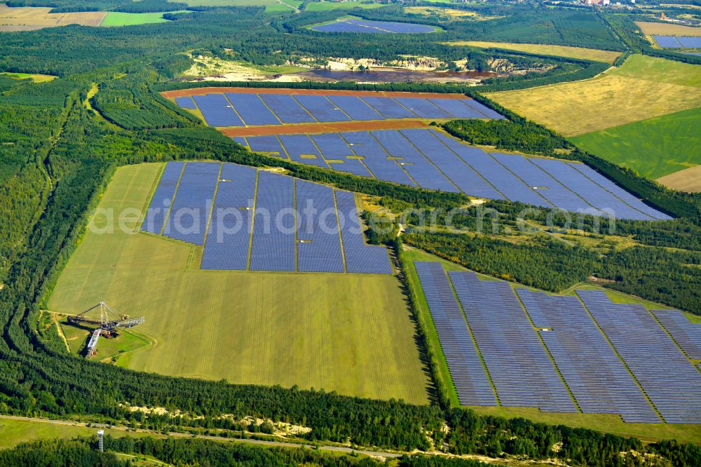 Aerial image Schipkau - Rows of panels of a solar power plant and photovoltaic system Solarpark Meuro on a field in Schipkau in the state Brandenburg, Germany