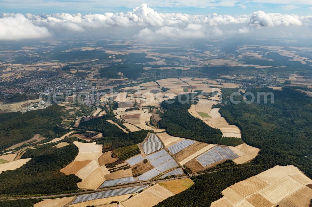 Karlstadt from the bird's eye view: Panel rows of photovoltaic and solar farm or solar power plant of Buergersolarpark Laudenbach of the GenoEnergie Karlstadt eG in the district Rohrbach in Karlstadt in the state Bavaria, Germany
