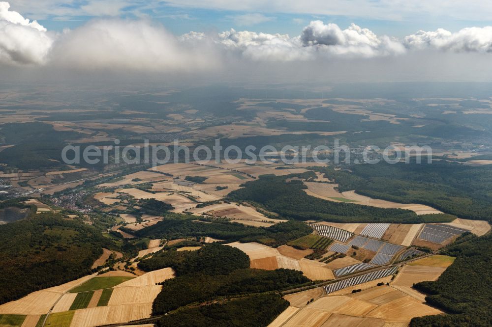 Aerial image Karlstadt - Panel rows of photovoltaic and solar farm or solar power plant of Buergersolarpark Laudenbach of the GenoEnergie Karlstadt eG in the district Rohrbach in Karlstadt in the state Bavaria, Germany