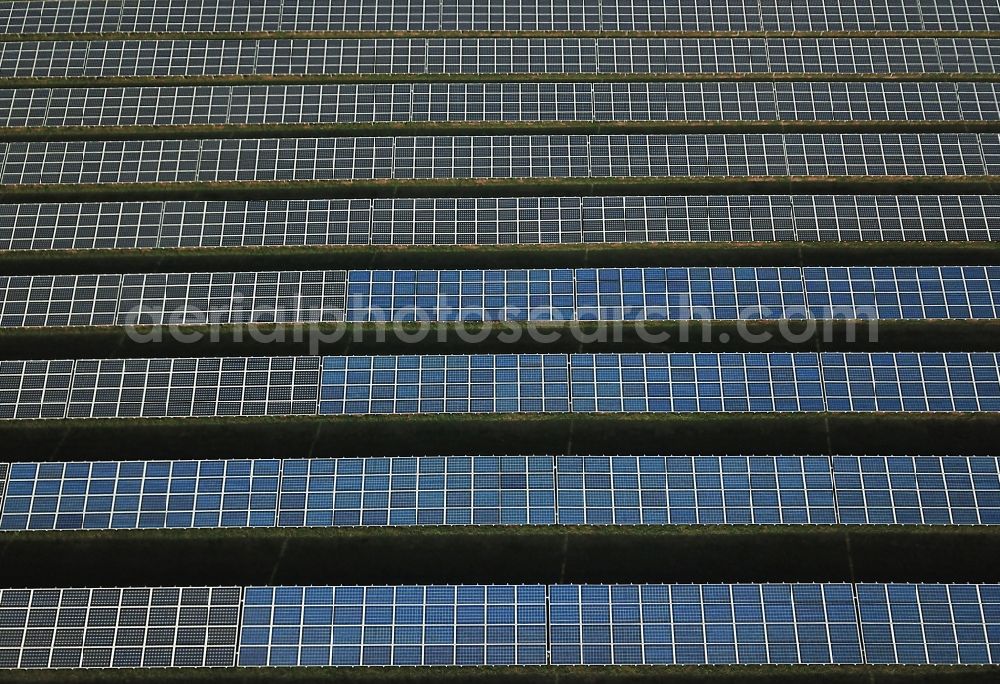 Aerial image Kanena - Bruckdorf - Panel rows of photovoltaic and solar farm or solar power plant in Kanena - Bruckdorf in the state Saxony-Anhalt, Germany