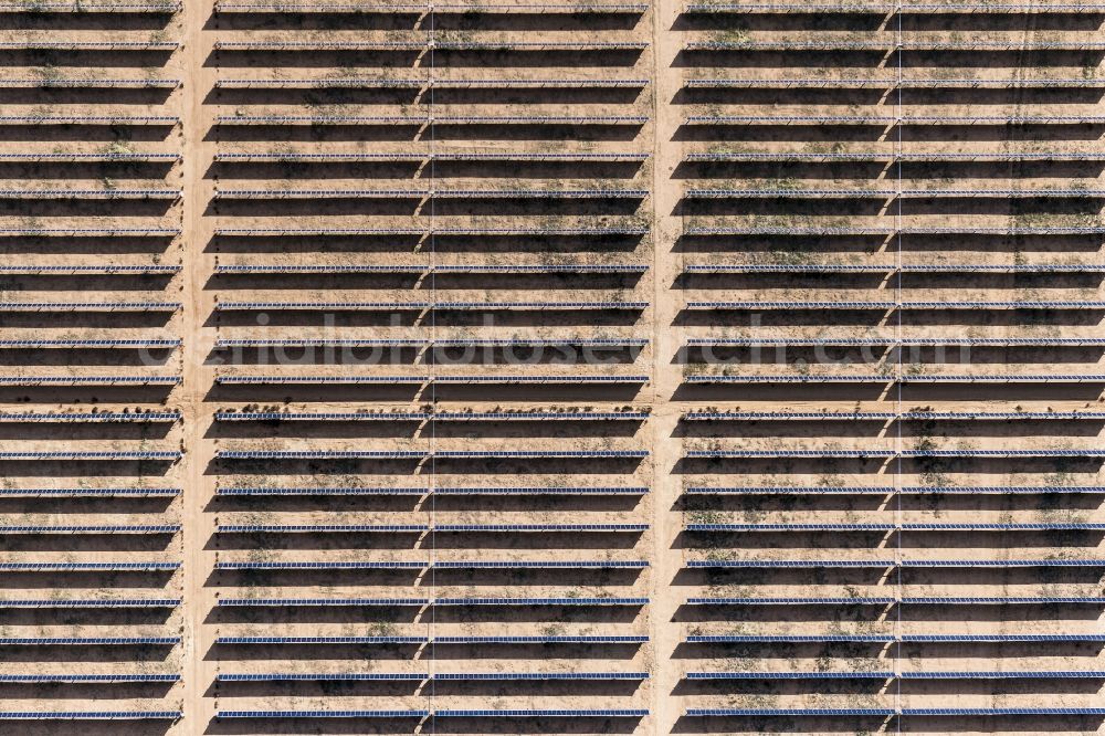 Kingman from the bird's eye view: Panel rows of photovoltaic and solar farm or solar power plant in Kingman in Arizona, United States of America