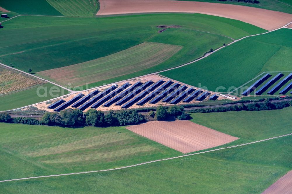 Aerial photograph Löffingen - Panel rows of photovoltaic and solar farm or solar power plant in Loeffingen in the state Baden-Wurttemberg, Germany
