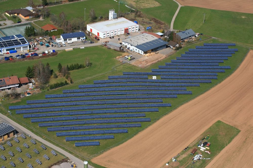 Murg from above - Panel rows of photovoltaic and solar farm or solar power plant in the district Haenner of Murg in the state Baden-Wuerttemberg, Germany