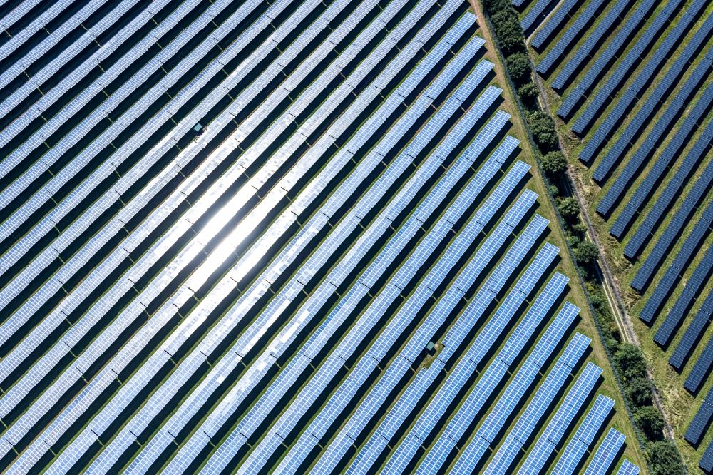 Bad Driburg from the bird's eye view: Panel rows of photovoltaic and solar farm or solar power plant on Satzer Moor on Industriestrasse in the district Herste in Bad Driburg in the state North Rhine-Westphalia, Germany