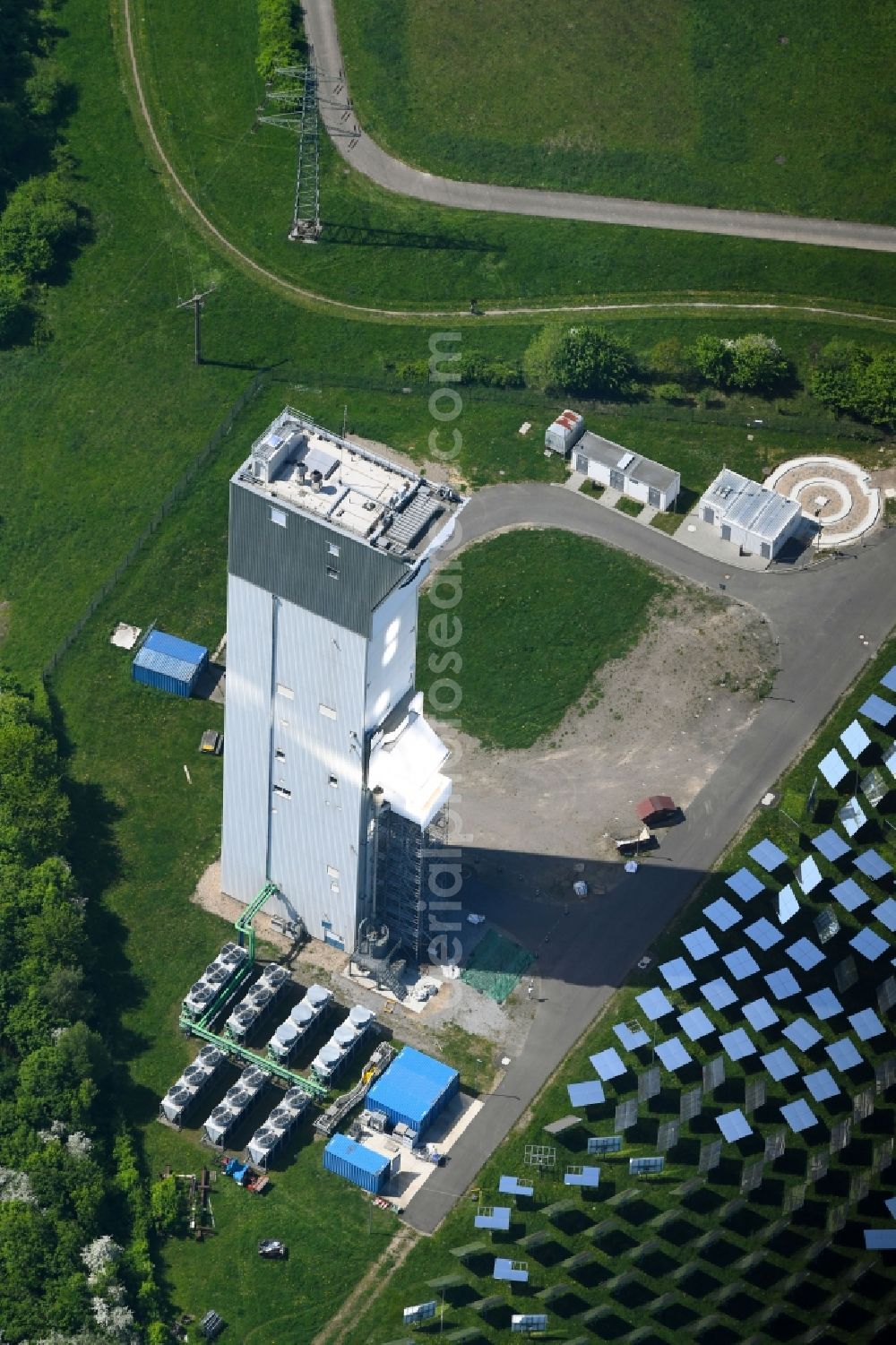 Aerial image Jülich - Panel line up of the Photovoltaik arrangement and solar park or solar-thermal test power station with solar tower in Juelich in the federal state North Rhine-Westphalia, Germany