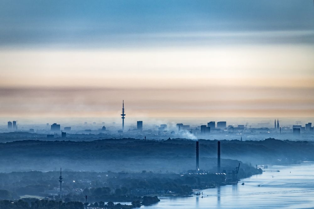 Aerial image Wedel - Sunrise over the landscape of the mist covered Elbe island along the Elbe river in the district Wedel in Hamburg, Germany