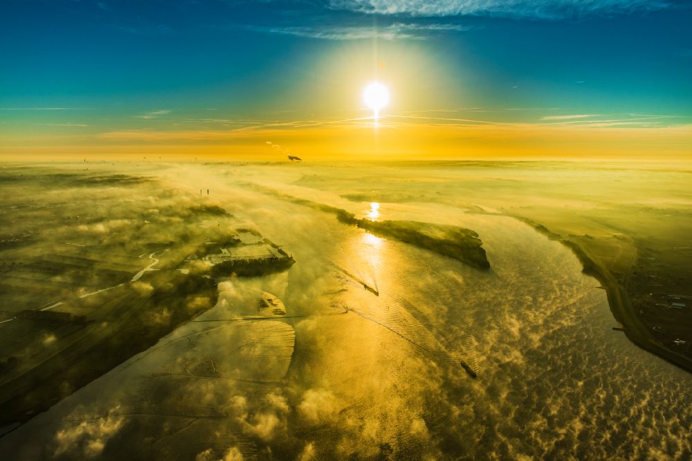 Aerial image Jork - Sunrise over the landscape of the mist covered Elbe island along the Elbe river in the district Wedel in Hamburg, Germany
