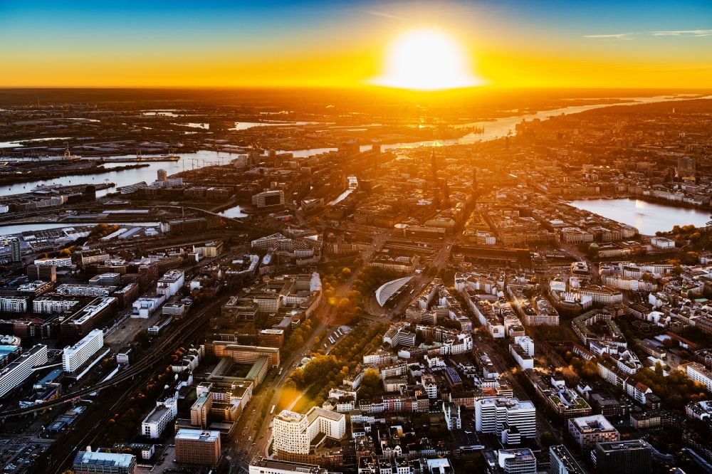 Hamburg from above - Sunset over the countryside of the port on the river course of the Elbe in the district Hafencity in Hamburg, Germany
