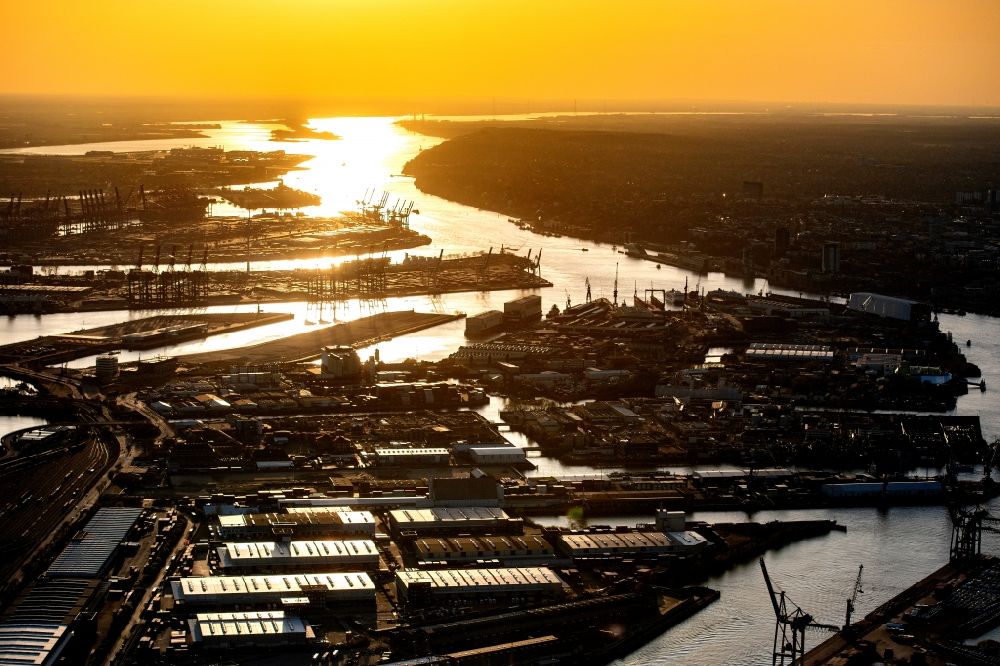 Hamburg from above - Sunset over the countryside of the port on the river course of the Elbe in the district Steinwerder in Hamburg, Germany