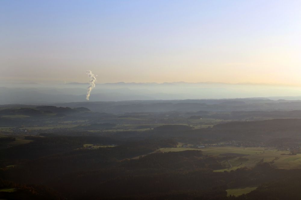 Aerial photograph Stühlingen - Sunset over the countryside of the Hotzenwald at Stuehlingen in the state Baden-Wurttemberg, Germany, Looking into Switzerland with the steam column of the nuclear power plant KKL Leibstadt