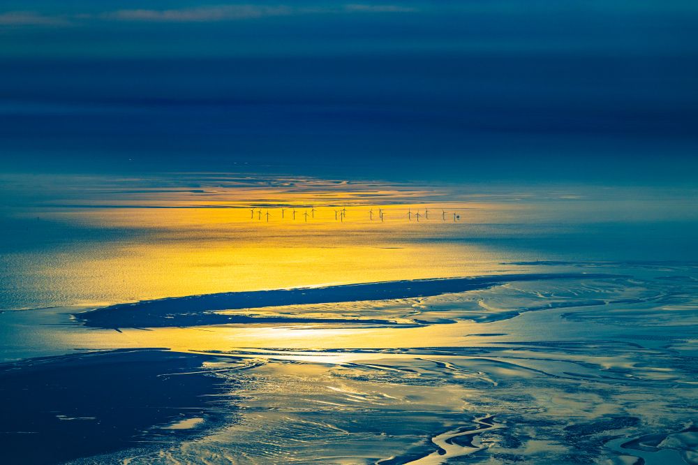 Aerial photograph Langeoog - Sunset over the countryside in Langeoog on island Langeoog in the state Lower Saxony, Germany