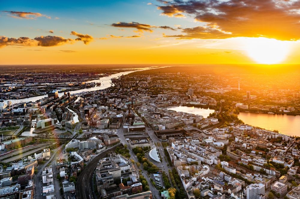 Aerial image Hamburg - Sunset over the city center in Hamburg, Germany