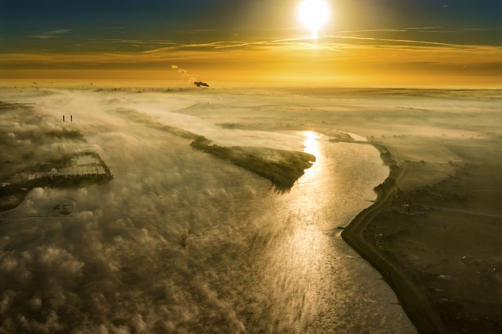 Aerial image Wedel - Sunrise over the countryside of Elbe with Nebel- Schicht in Wedel in the state Schleswig-Holstein, Germany