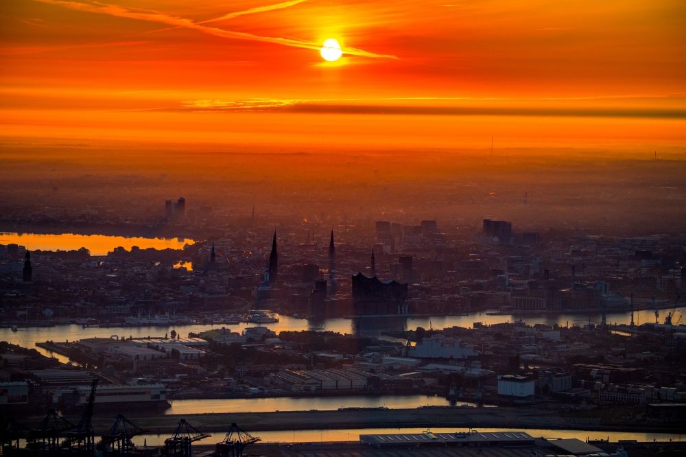 Aerial image Hamburg - Sunrise over the city center of the inner city in Ortsteil Neustadt in Hamburg, Germany