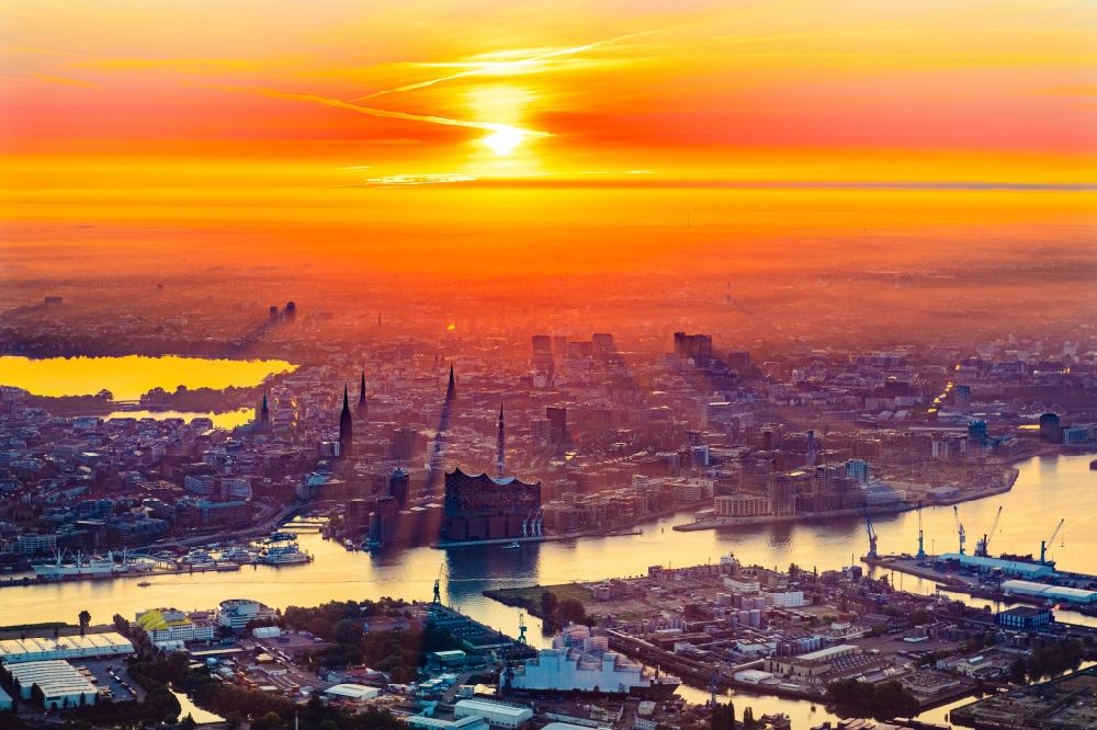 Hamburg from above - Sunrise over the city center of the inner city in Ortsteil Neustadt in Hamburg, Germany