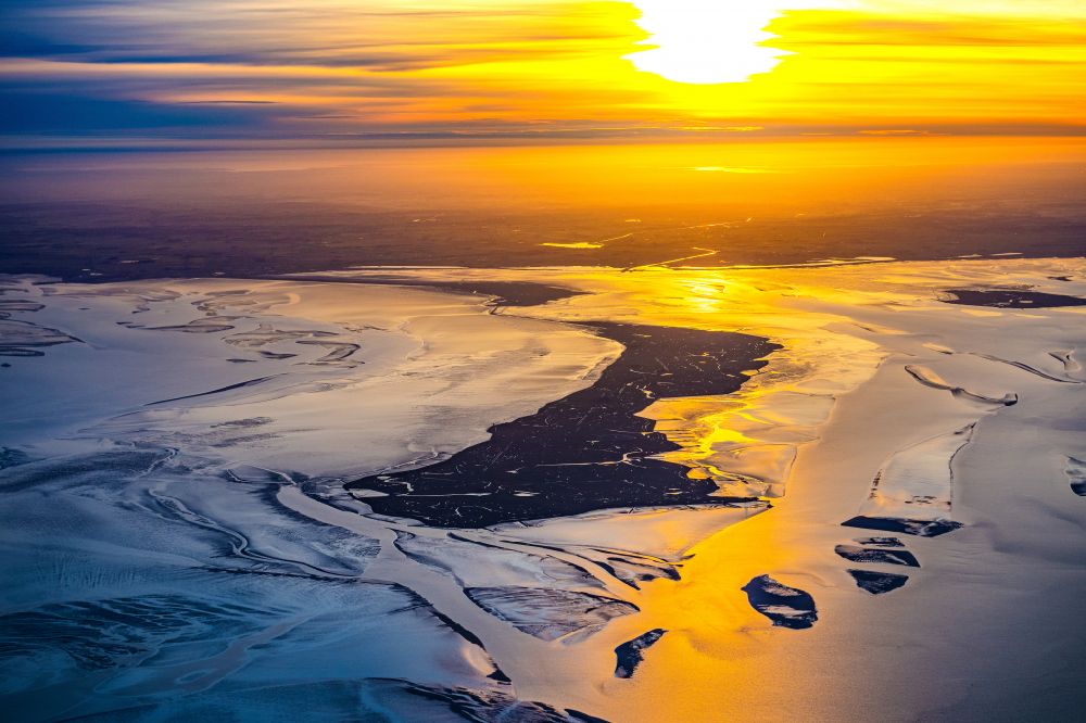 Langeneß from above - Sunrise in the coastal area of the North Sea island of Nordmarsch-Langeness in Mayenswarf in the state Schleswig-Holstein, Germany