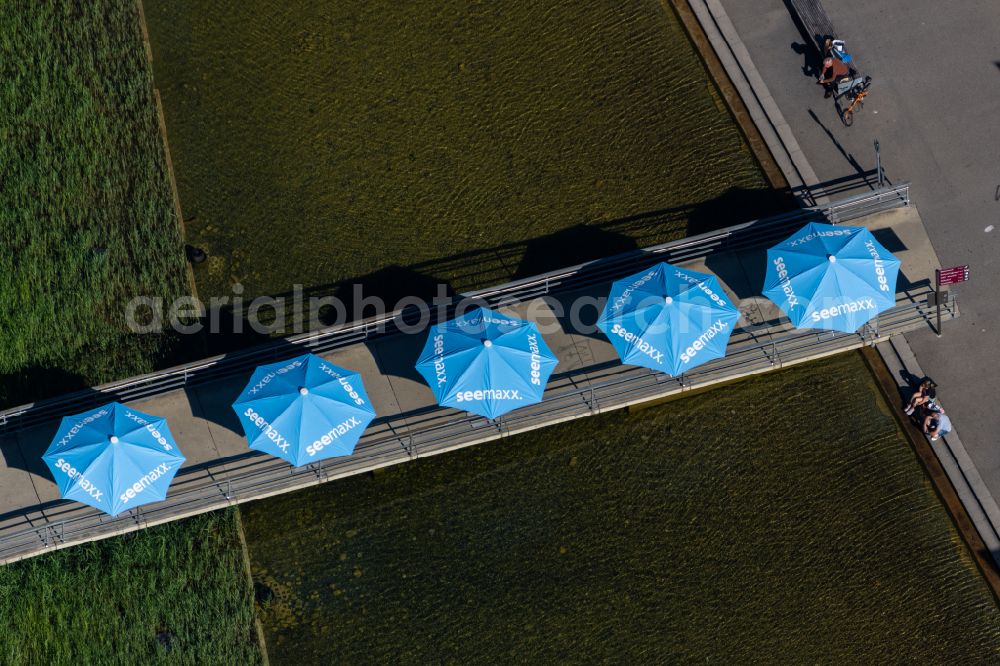 Aerial image Radolfzell am Bodensee - Parasols of the seemaxx Outlet Center Radolfzell in Radolfzell am Bodensee on Lake Constance in the state Baden-Wuerttemberg, Germany