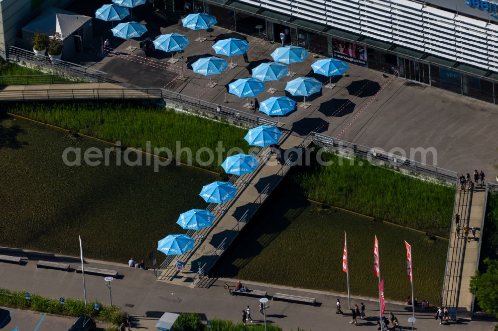 Radolfzell am Bodensee from above - Parasols of the seemaxx Outlet Center Radolfzell in Radolfzell am Bodensee on Lake Constance in the state Baden-Wuerttemberg, Germany