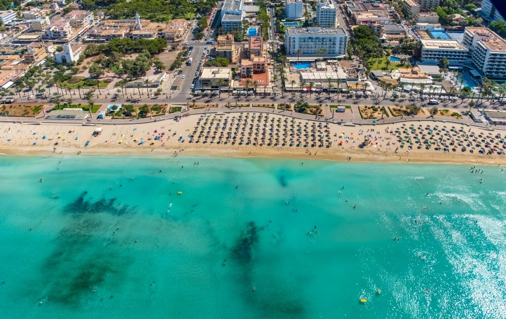 Aerial image Palma - Parasol - rows on the sandy beach in the coastal area on Ballermann 7 along the Carretera de l'Arenal in Palma in Balearic island of Mallorca, Spain
