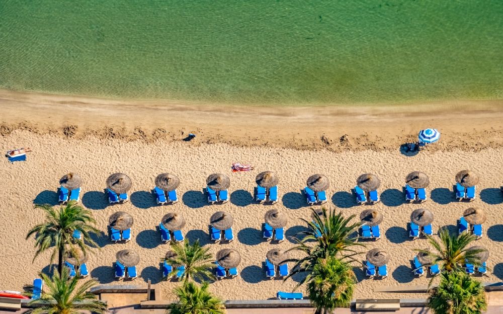 Aerial image Soller - Parasol - rows on the sandy beach in the coastal area along the Carrer de la Marina in Soller in Balearic island of Mallorca, Spain