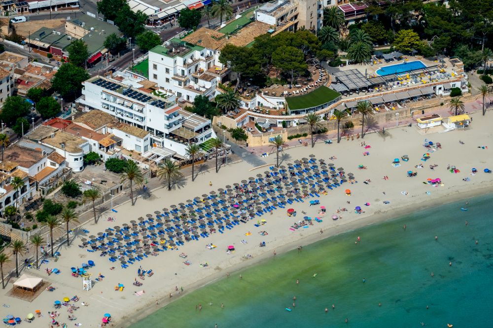Peguera from the bird's eye view: Parasol - rows on the sandy beach in the coastal area of Platja Palmira along the promenade of the Bulevar de Peguera in Peguera in Balearic island of Mallorca, Spain