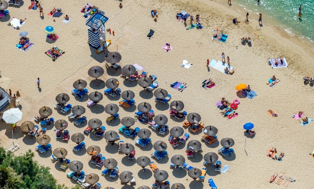 Aerial photograph Portals Nous - Parasol - rows on the sandy beach in the coastal area of Platja de s'Oratori on Passatge a la Mar in Portals Nous in Balearic island of Mallorca, Spain
