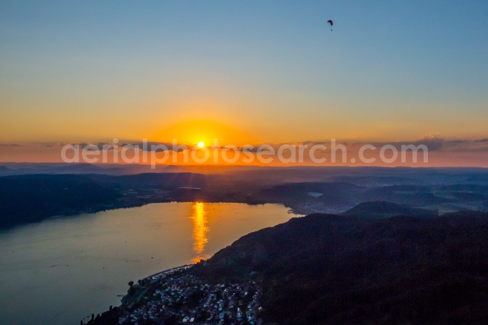 Aerial image Bodman-Ludwigshafen - Sunset with paraglider over the countryside near Sipplingen/Bodensee in Bodman-Ludwigshafen in the state Baden-Wuerttemberg