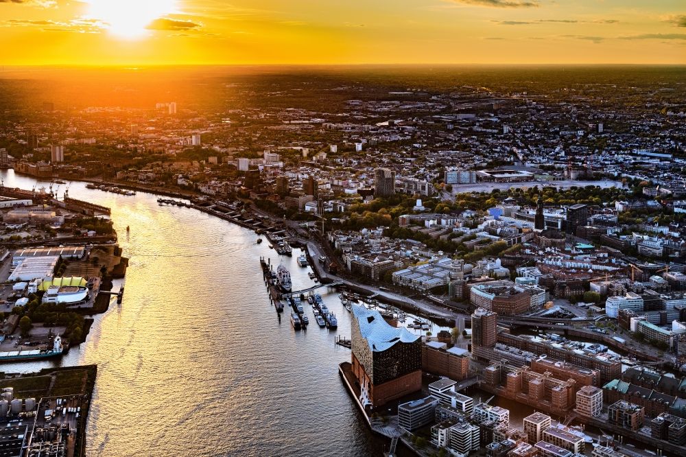 Aerial image Hamburg - Sunset over the Elbe Philharmonic Hall on the river bank of the Elbe in Hamburg