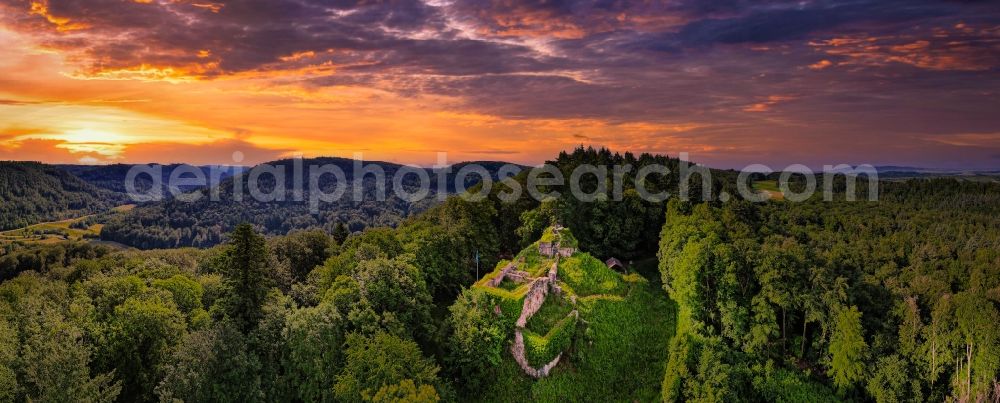 Herbolzheim from above - Sunset over Ruins and vestiges of the former castle and fortress Kirnburg Bleichheim in Herbolzheim in the state Baden-Wurttemberg, Germany